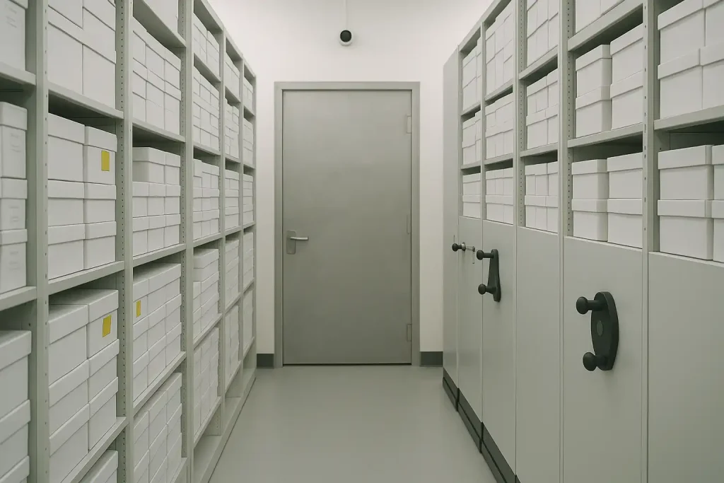 Pasillo de un biobanco con estanterías llenas de cajas de almacenamiento blanco, representando un archivo criogénico para conservación genética.