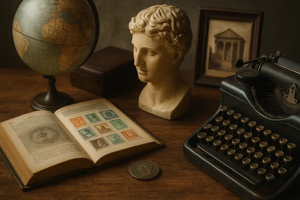 Objetos históricos y piezas antiguas sobre una mesa de madera: libros envejecidos, monedas, fotografías, lupa y accesorios vintage iluminados con luz cálida, representando la cultura del coleccionismo.