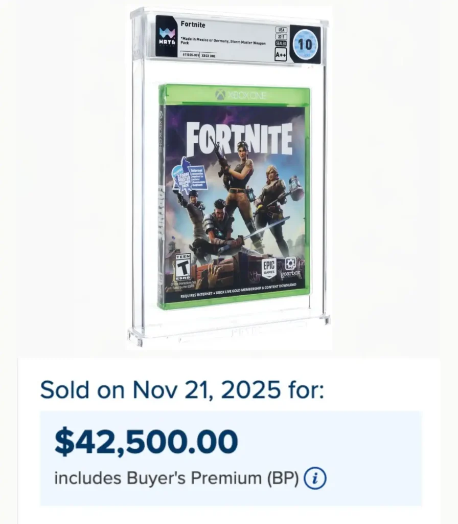 Imagen de una copia física de Fortnite para Xbox One, certificada Wata 10 A++, vendida en subasta por $42,500.