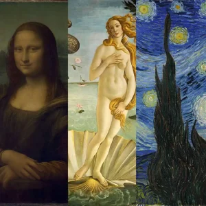 Composición con La Mona Lisa de Leonardo da Vinci, El Nacimiento de Venus de Sandro Botticelli y La Noche Estrellada de Vincent van Gogh, representando la historia del arte a través de obras maestras clásicas.