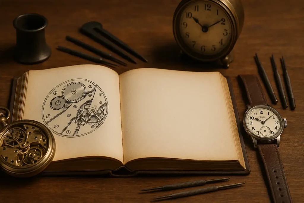 Colección de relojes antiguos y herramientas de relojería sobre mesa de madera, imagen relacionada con la horología.