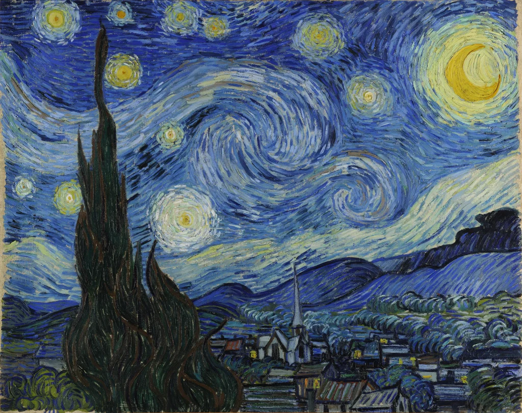 La Noche Estrellada de Vincent van Gogh, pintura posimpresionista con un cielo en espiral sobre un pueblo nocturno.