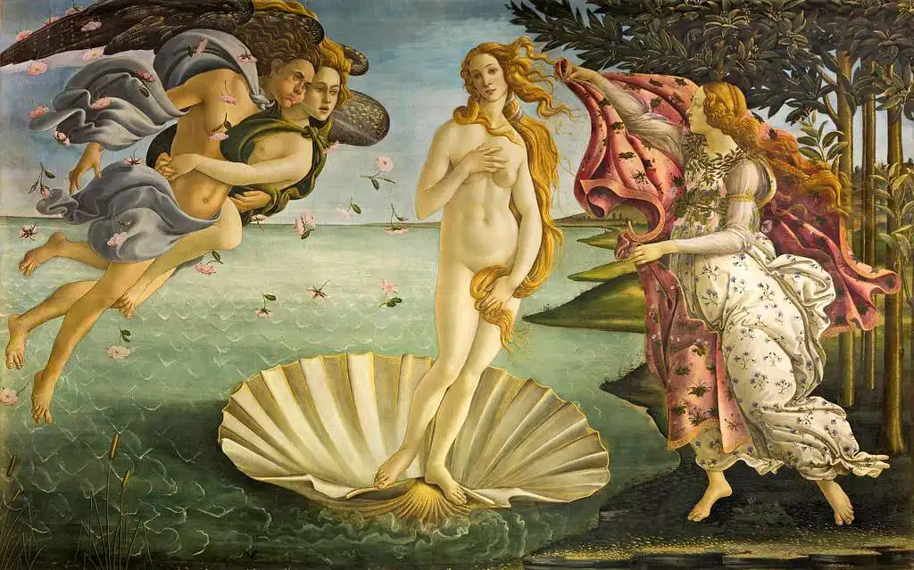 El Nacimiento de Venus de Sandro Botticelli, pintura renacentista que representa a la diosa Venus emergiendo del mar sobre una concha.