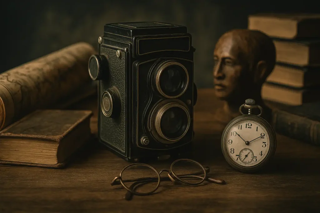 Objetos antiguos sobre una mesa de madera: cámara clásica, libros antiguos, lupa, pluma y documentos envejecidos, con iluminación cálida y estilo vintage realista.