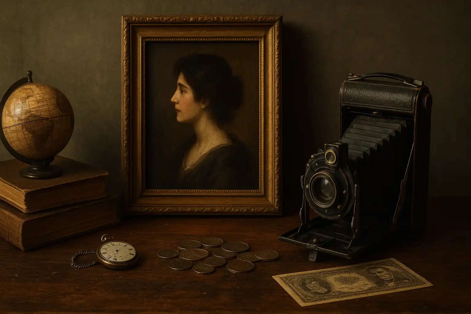 Objetos antiguos sobre escritorio de madera: libros, globo terráqueo, retrato clásico, cámara antigua, reloj de bolsillo, monedas y billete, con iluminación cálida y estilo vintage realista.