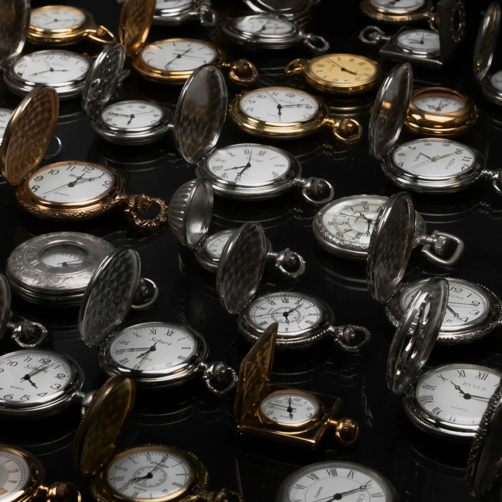Colección de relojes de bolsillo antiguos en tonos plata y dorado, abiertos y dispuestos sobre una superficie oscura, representando el mundo del coleccionismo relojero y el valor histórico de estas piezas.