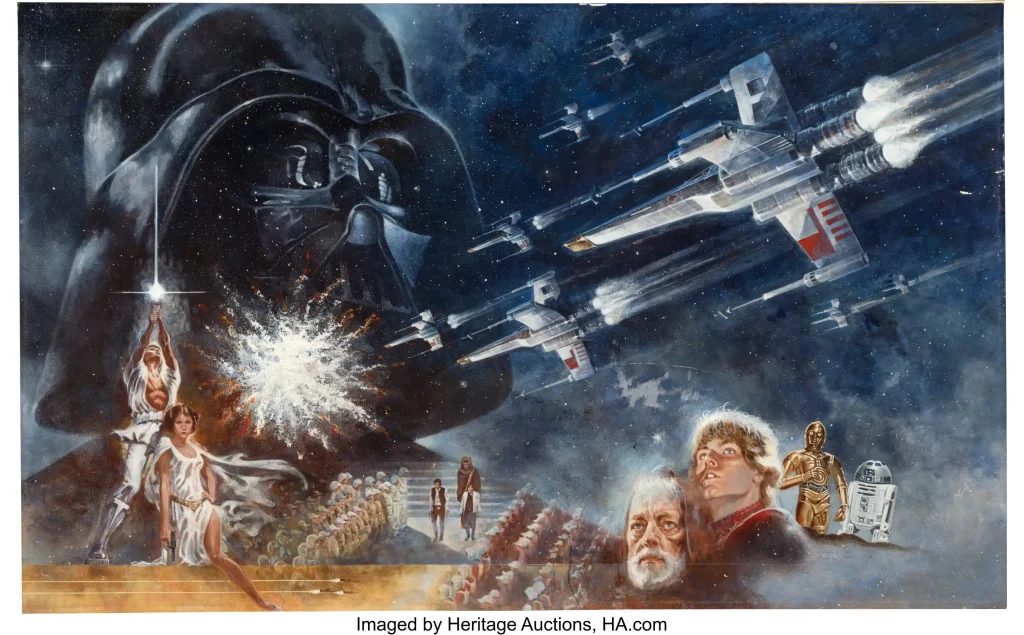 Arte pop original de Star Wars con Darth Vader, Luke Skywalker y naves espaciales, obra histórica del cine vendida en subasta récord