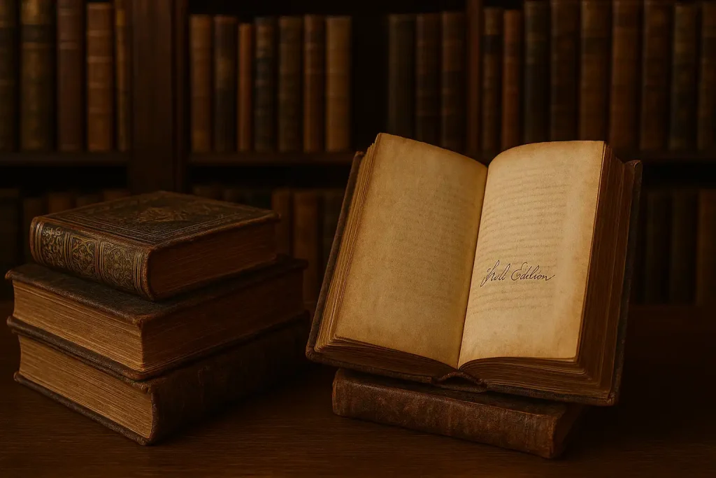 Libros antiguos y primeras ediciones abiertos y encuadernados en cuero dentro de una biblioteca histórica, representando la bibliofilia y el coleccionismo de libros raros.