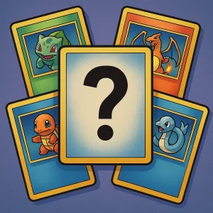 Ilustración de cartas coleccionables de videojuegos con una carta central misteriosa marcada con un signo de interrogación