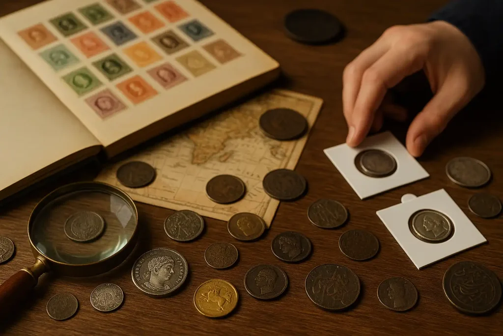 Mesa de estudio con monedas antiguas, sellos postales y lupa como recurso educativo para enseñar historia y cultura en el aula