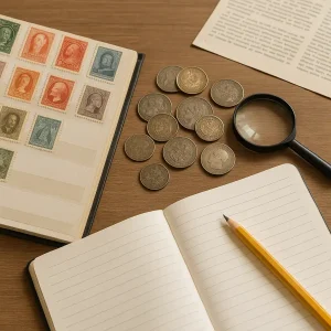 Sellos postales y monedas antiguas dispuestos como recurso educativo para enseñar historia y cultura en el aula