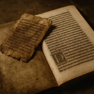 Fragmento de pergamino medieval muy envejecido colocado sobre un manuscrito antiguo abierto, con iluminación cálida y textura de foto antigua que evoca redescubrimientos históricos en bibliotecas.