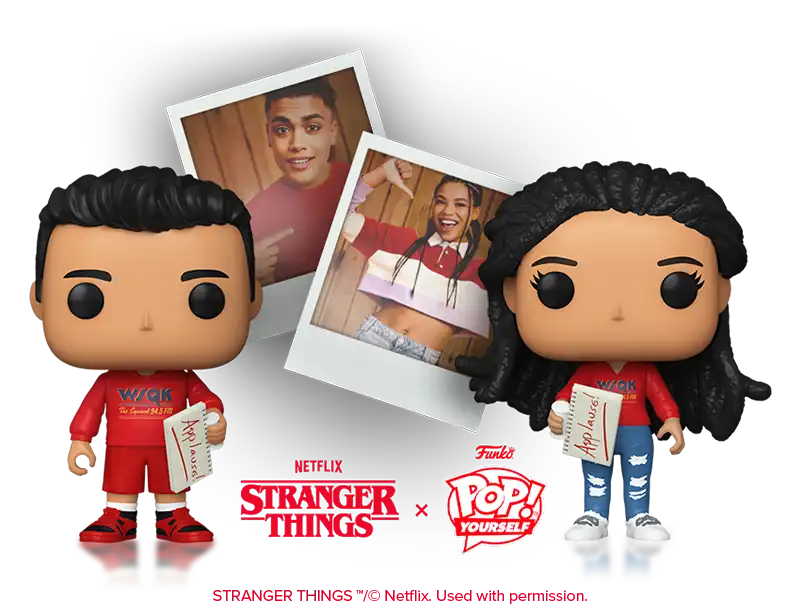 “Figuras Funko Pop Yourself inspiradas en Stranger Things, con dos personajes personalizados y fotografías tipo polaroid en el fondo.”