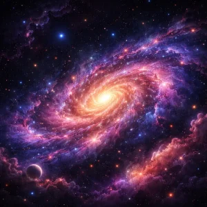 Ilustración digital de una galaxia espiral en el espacio profundo, representación visual del impacto cultural y creativo del arte cinematográfico