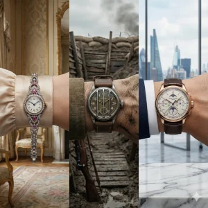 Montaje visual que muestra la evolución del reloj de pulsera: un reloj joya femenino del siglo XIX, un reloj militar tipo trench watch en trincheras, y un reloj de lujo moderno en un entorno urbano.