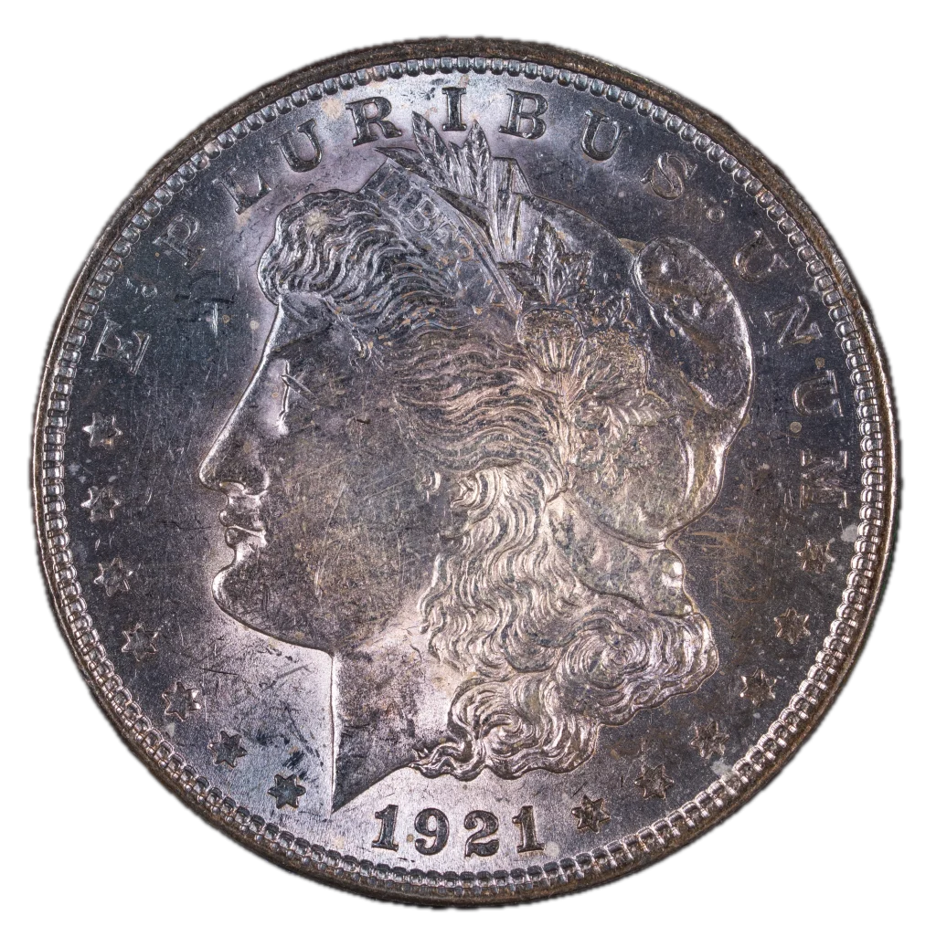 Anverso del Morgan Dollar de 1921 con la efigie de la Libertad en moneda de plata de Estados Unidos