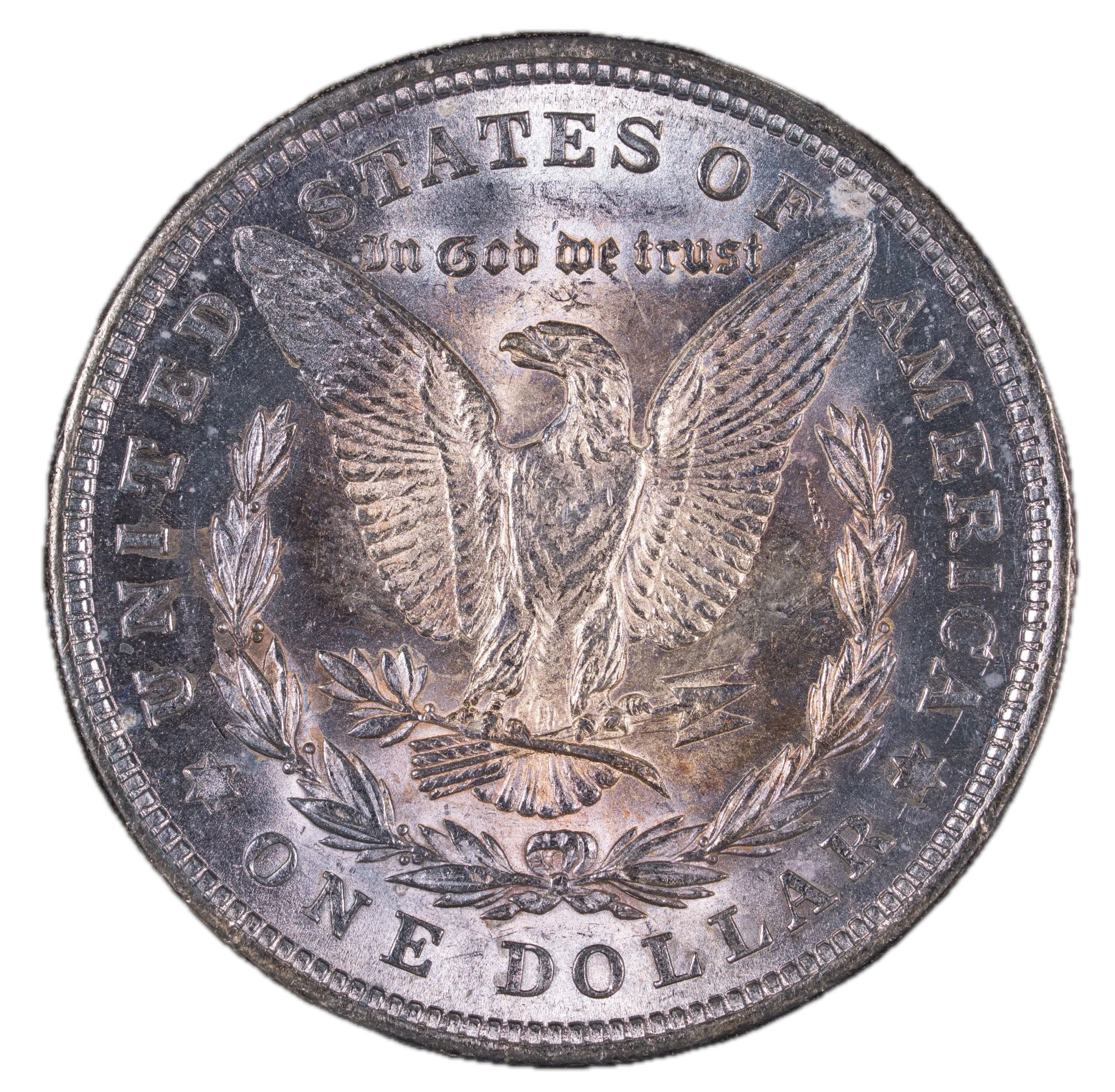 Reverso del Morgan Dollar de 1921 con el águila heráldica y la inscripción One Dollar en moneda de plata