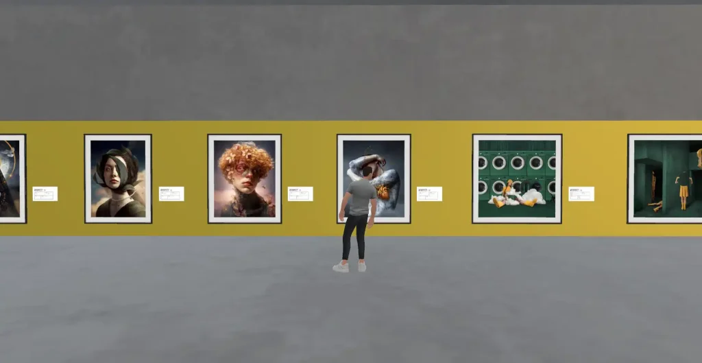 Vista interior del museo virtual RESPECT con obras de arte digital expuestas en un entorno inmersivo accesible desde plataformas XR