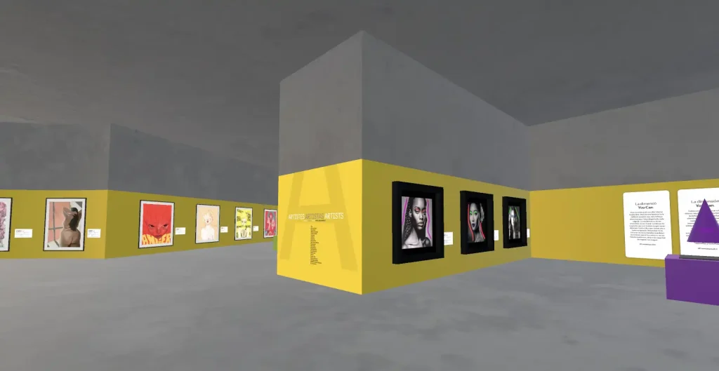 Vista interior de una sala del museo virtual RESPECT con obras de arte digital expuestas en un entorno inmersivo de realidad extendida