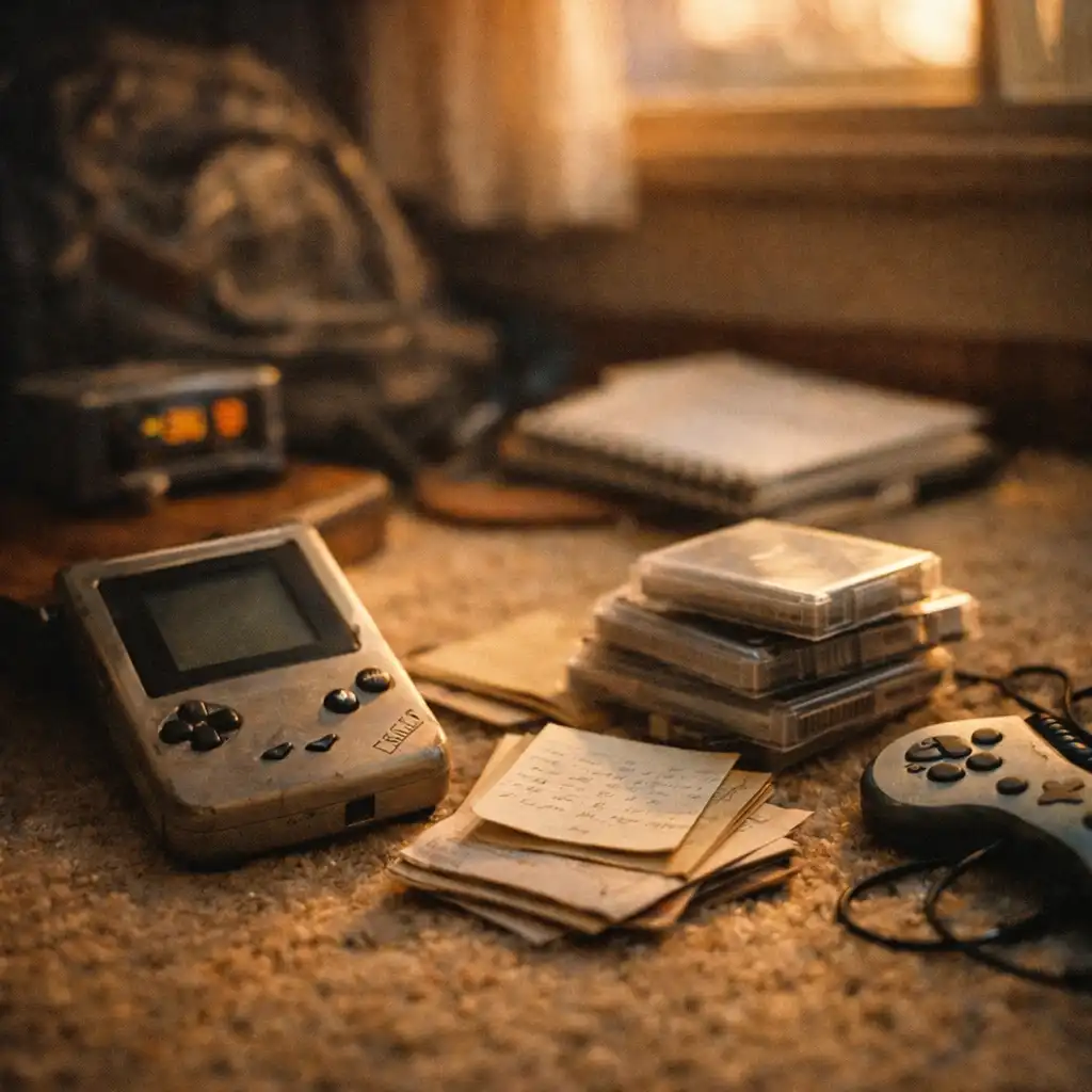 Consola portátil retro y videojuegos clásicos sobre alfombra, evocando nostalgia y conexión generacional en el coleccionismo gamer