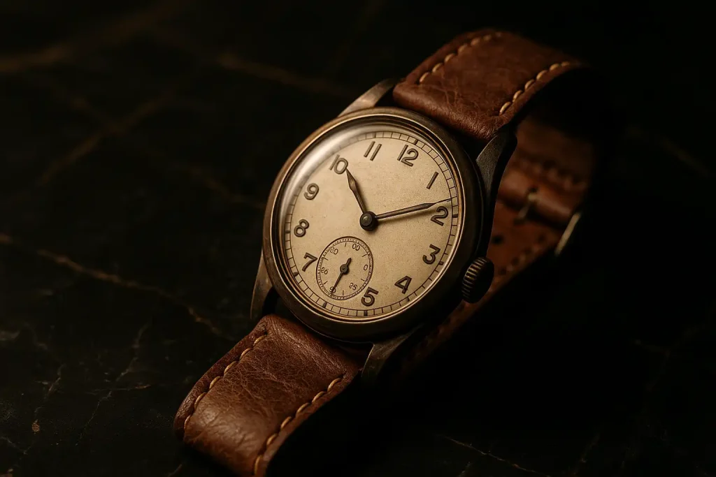Fotografía realista de un reloj de pulsera antiguo con correa de cuero sobre mármol negro con vetas doradas, evocando lujo y estilo clásico.