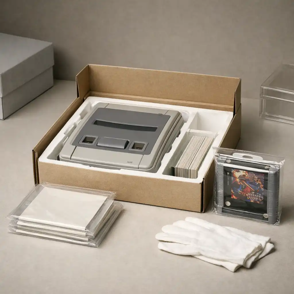 Consola retro y cartuchos en embalaje original, representando la rareza y relevancia histórica en el coleccionismo de videojuegos