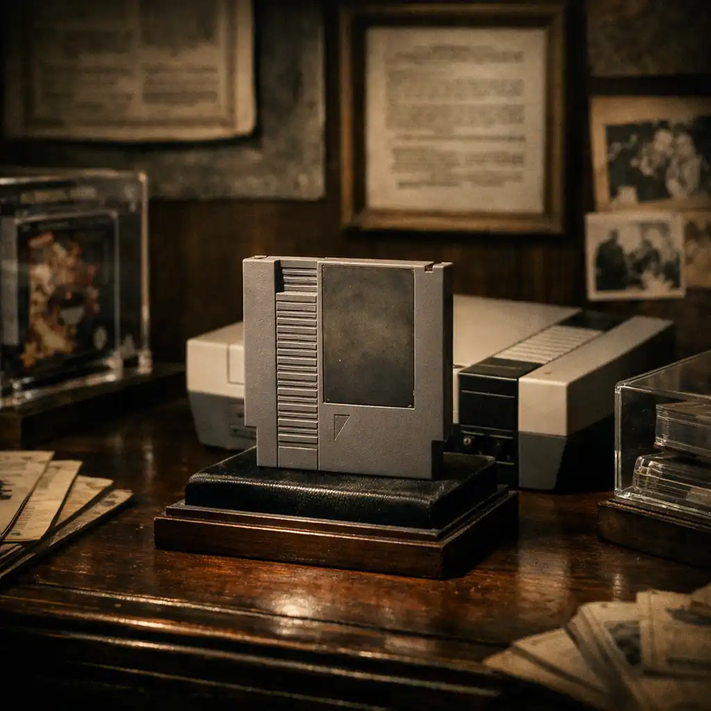 Cartucho retro expuesto como pieza histórica, representando la rareza y relevancia cultural del videojuego clásico