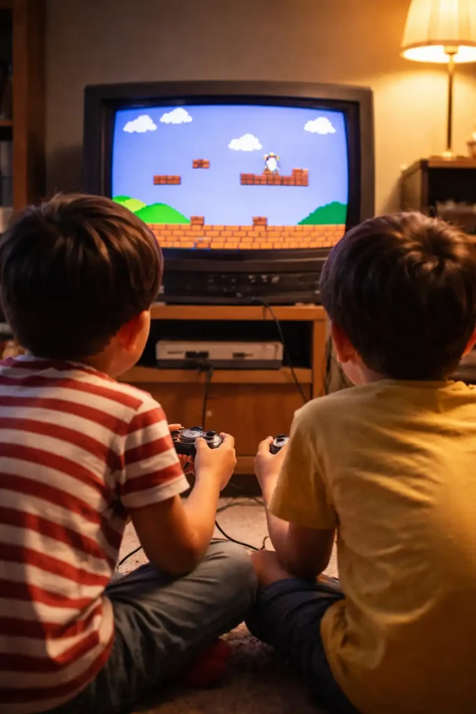 Niños de espaldas jugando a un videojuego clásico en una consola retro, representando la relación entre videojuegos clásicos, bienestar emocional y felicidad infantil