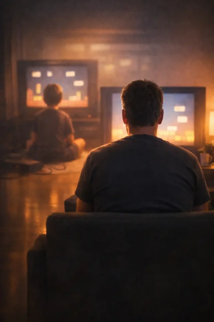 Adulto y niño vistos de espaldas jugando videojuegos clásicos, representando cómo los recuerdos de la infancia influyen en el bienestar emocional en la adultez