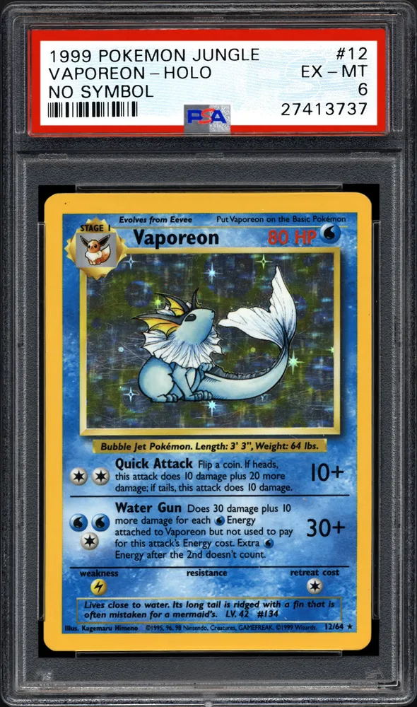 Carta Pokémon Vaporeon holográfica No Symbol de 1999 del set Jungle certificada por PSA