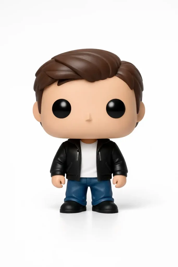 Figura coleccionable de vinilo con diseño minimalista, cabeza sobredimensionada y acabado mate, fotografiada en estudio con iluminación editorial.