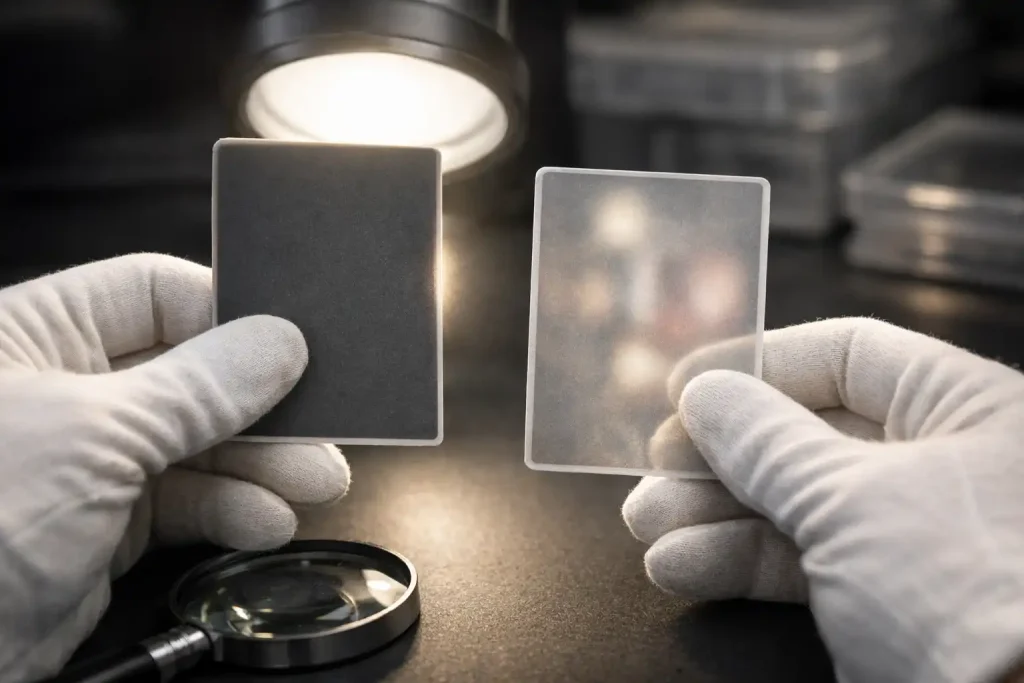 Inspección de autenticidad de cartas coleccionables comparando transparencia bajo luz profesional
