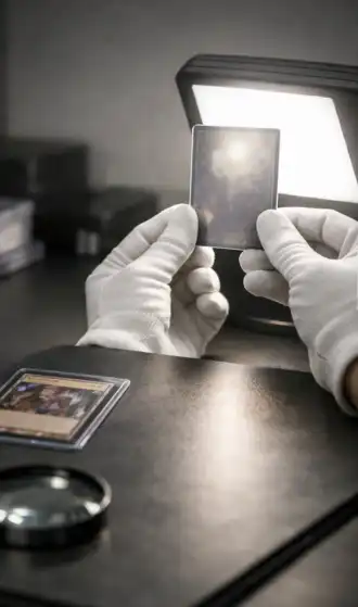 autenticacion cartas coleccionables guantes luz inspeccion