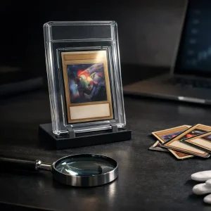 Carta coleccionable autenticada en slab junto a cartas sospechosas sobre un escritorio profesional con lupa y guantes de inspección.