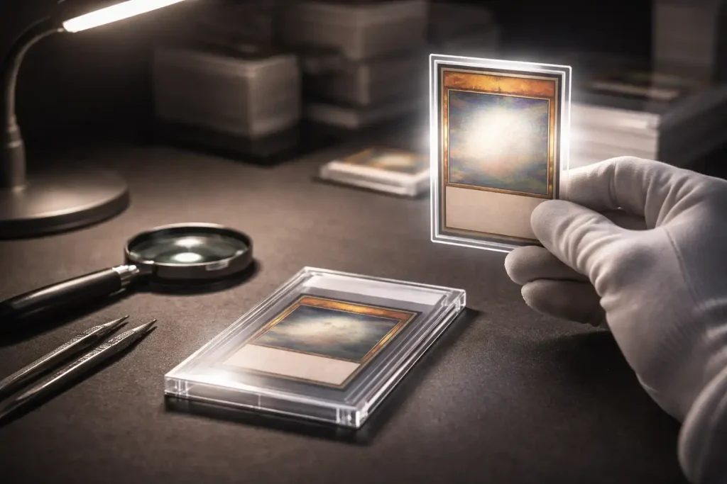 Inspección profesional de autenticidad de cartas coleccionables utilizando guantes blancos, luz de verificación y herramientas de aumento sobre un escritorio especializado.