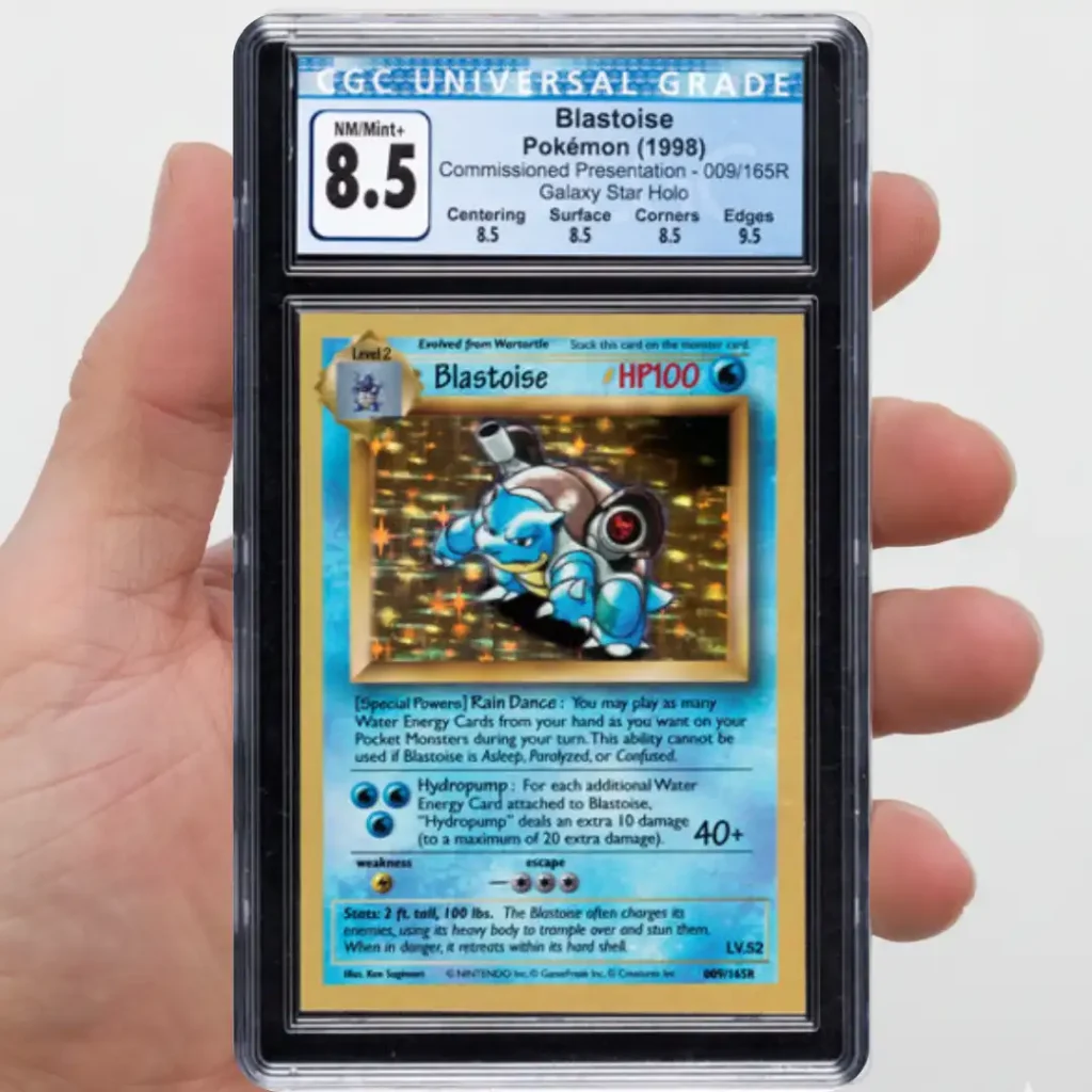 Carta Pokémon Blastoise Commissioned Presentation de 1998 certificada CGC 8.5 sostenida en mano