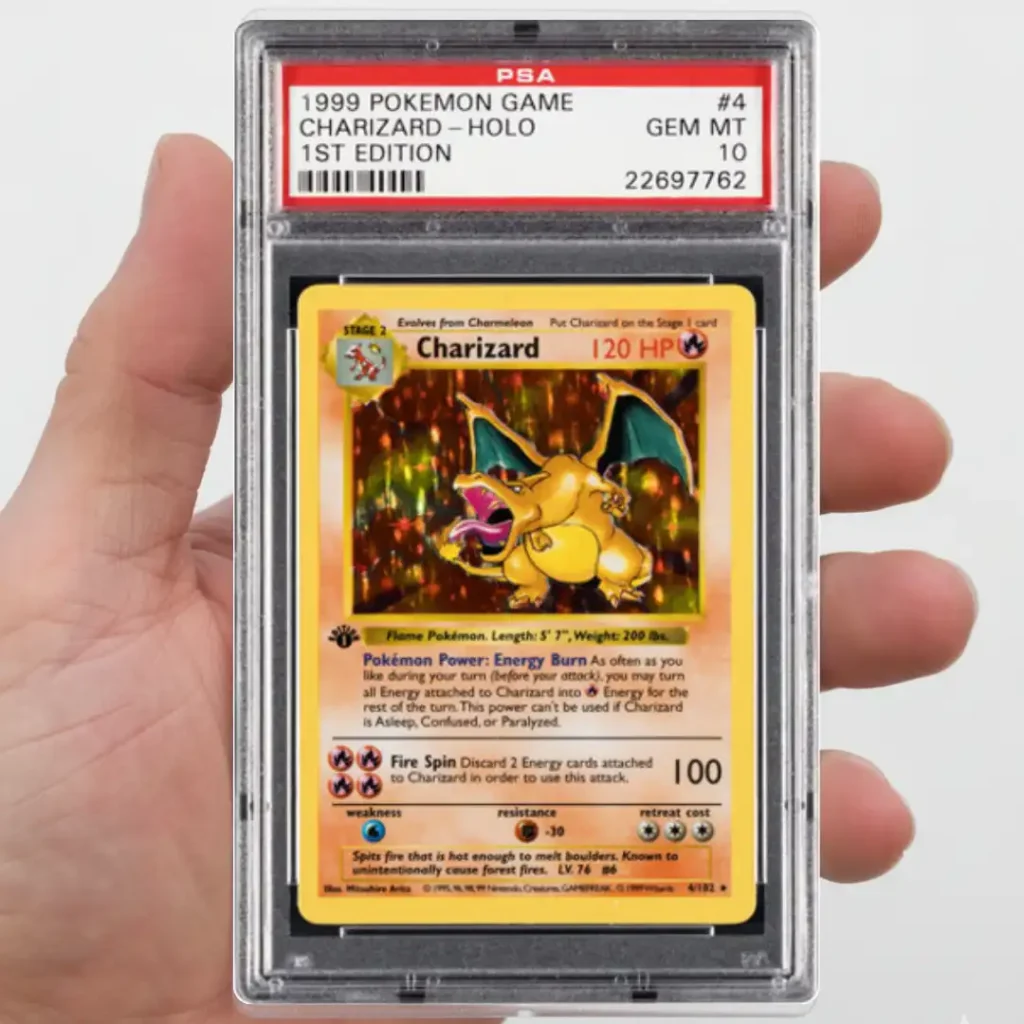Carta Pokémon Charizard Holo 1st Edition 1999 certificada PSA 10 sostenida en mano