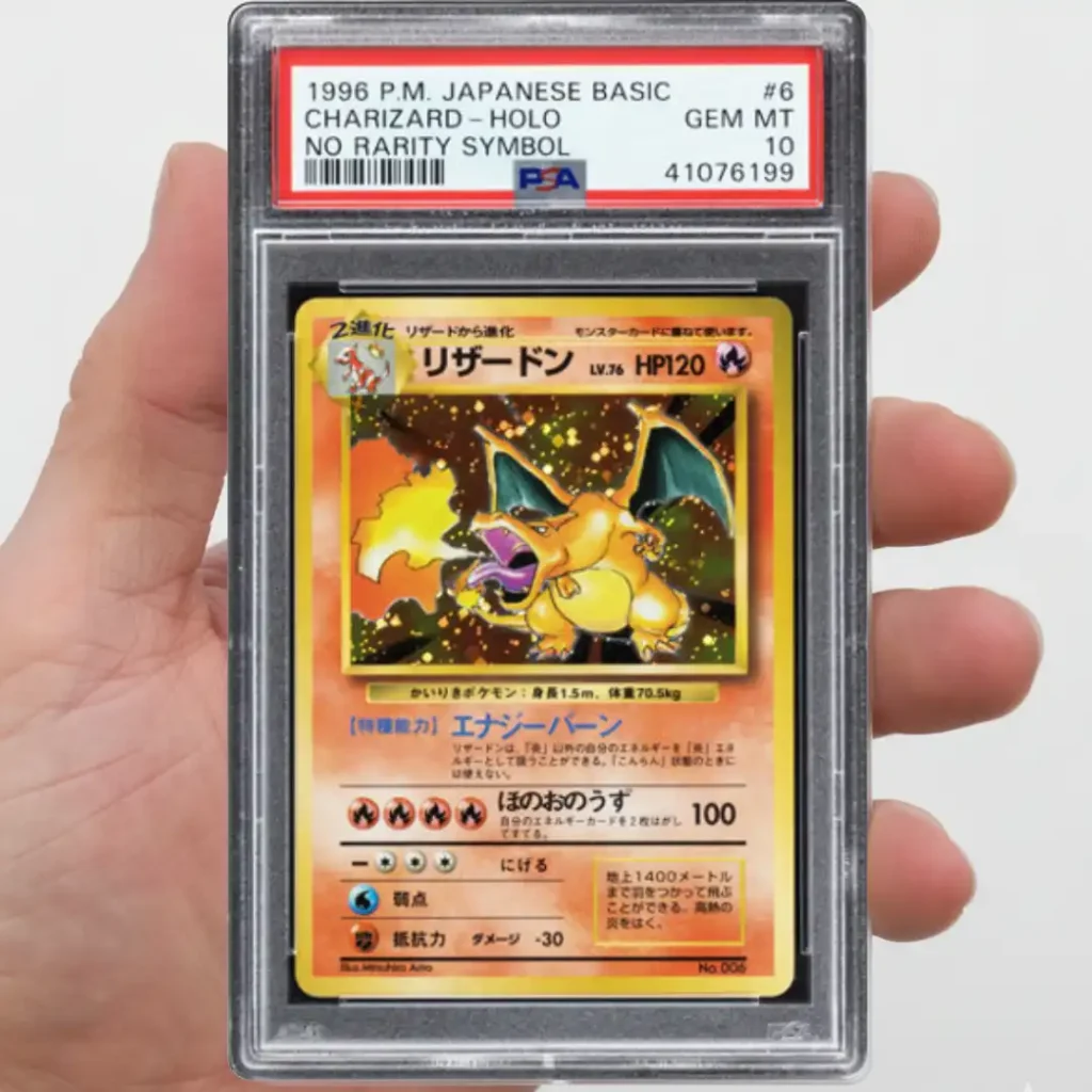 Carta Pokémon Charizard japonés 1996 sin símbolo de rareza certificada PSA 10