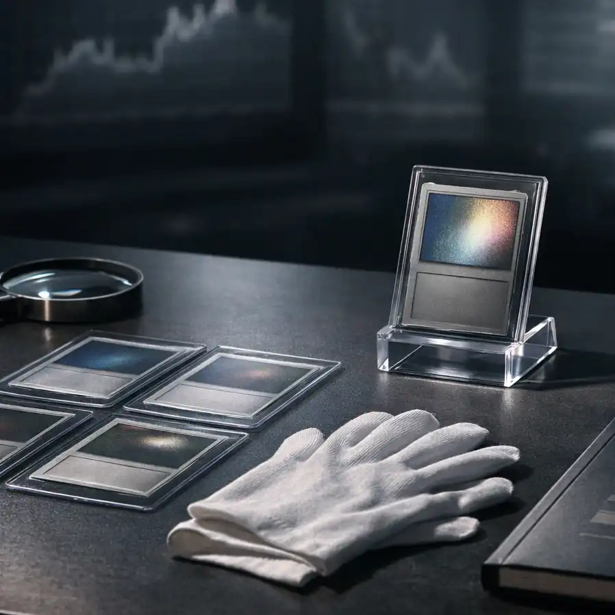 Espacio de trabajo de un coleccionista con cartas coleccionables protegidas, lupa, guantes de inspección y gráficos de análisis en un entorno profesional.