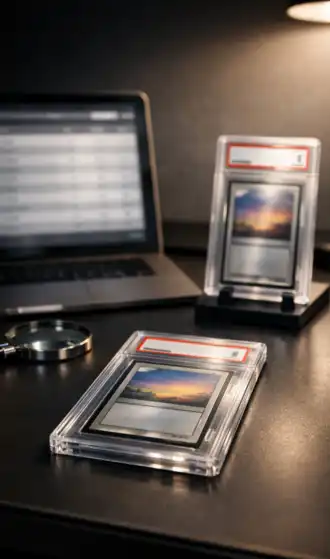 Espacio de trabajo de coleccionista con tarjetas coleccionables encapsuladas en slabs, computadora con datos de población y lupa sobre escritorio oscuro.