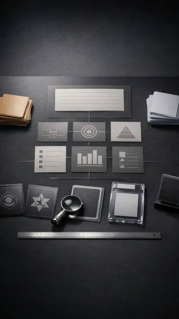 Planificación estratégica para iniciar una colección de trading cards con criterios expertos, mostrando un escritorio organizado con tarjetas, lupa y herramientas de precisión.