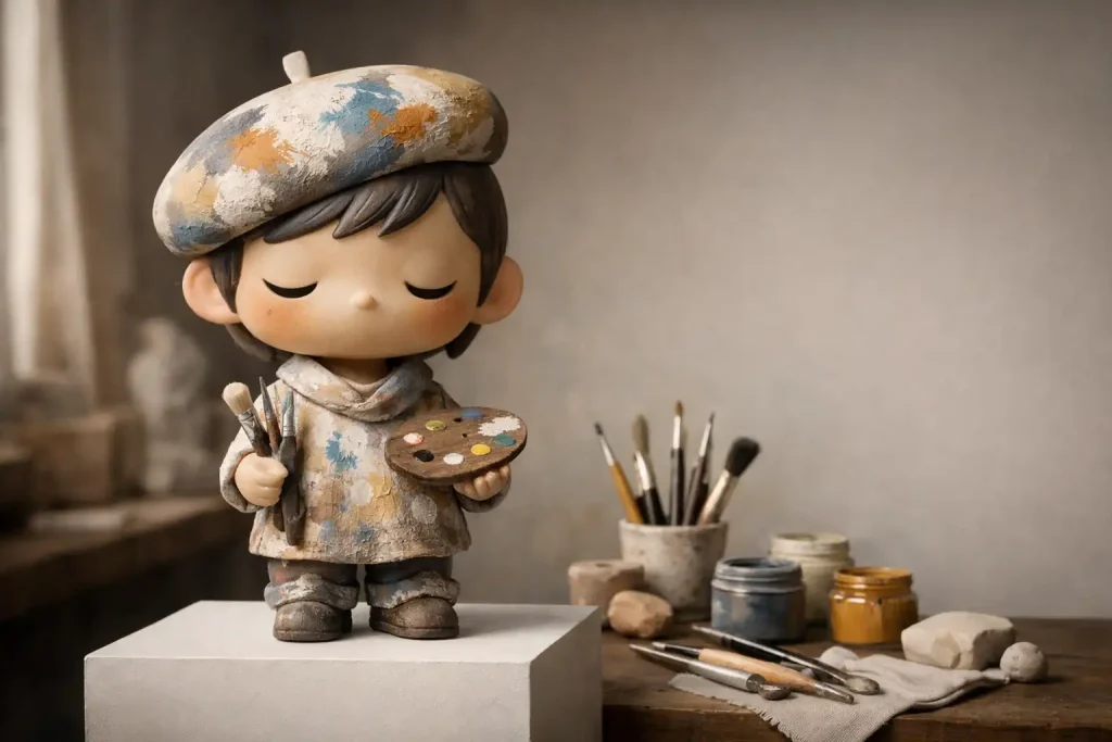 Figura coleccionable de vinilo estilizada con acabado artesanal sobre pedestal en un estudio de artista, representando el coleccionismo como forma de arte.