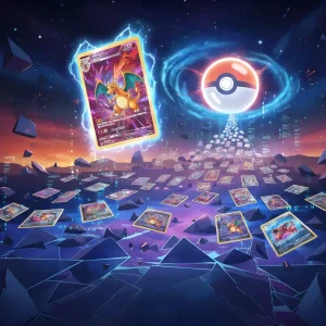 Ilustración conceptual de una colección de cartas Pokémon premium flotando en un entorno digital futurista con una Pokéball brillante, ideal para coleccionistas expertos.