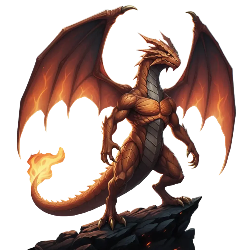 Criatura original de dragón de fuego con piel naranja quemada, alas membranosas y cola de llama en un entorno oscuro cinematográfico.