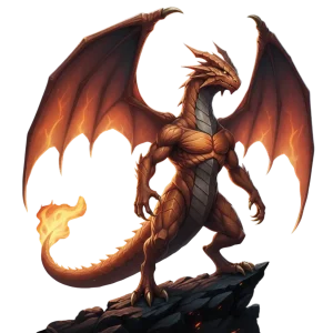 Criatura original de dragón de fuego con piel naranja quemada, alas membranosas y cola de llama en un entorno oscuro cinematográfico.