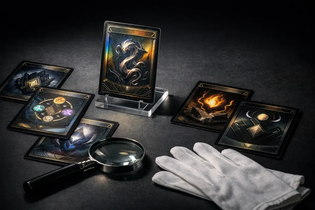 Inspección profesional de cartas coleccionables para detectar errores de impresión, autenticidad y posibles variaciones de alto valor.