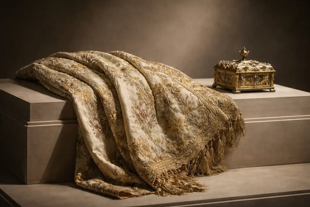 Textil real del siglo XVIII drapeado sobre un pedestal junto a un cofre dorado en una elegante ambientación museográfica, representando el lujo y patrimonio de las colecciones reales.