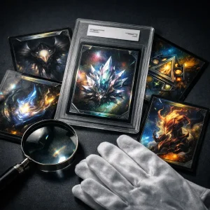 Cartas de colección ficticias con acabado holográfico sobre una superficie oscura, una carta encapsulada en un estuche tipo grading junto a una lupa y guantes blancos, representando evaluación profesional y alto valor.