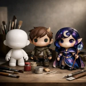 Tres figuras de vinilo coleccionables personalizadas en un estudio de artista, mostrando la evolución creativa desde una figura en blanco hasta una pieza completamente intervenida.