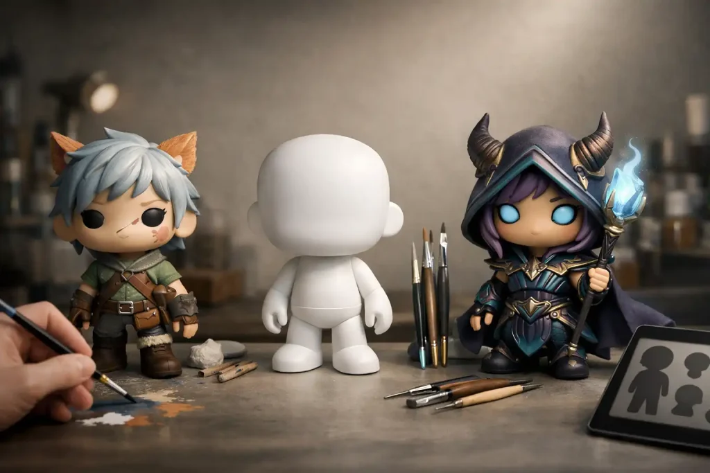 Tres figuras coleccionables de vinilo personalizadas que muestran el proceso creativo desde una figura en blanco hasta un diseño artístico terminado en un estudio profesional.